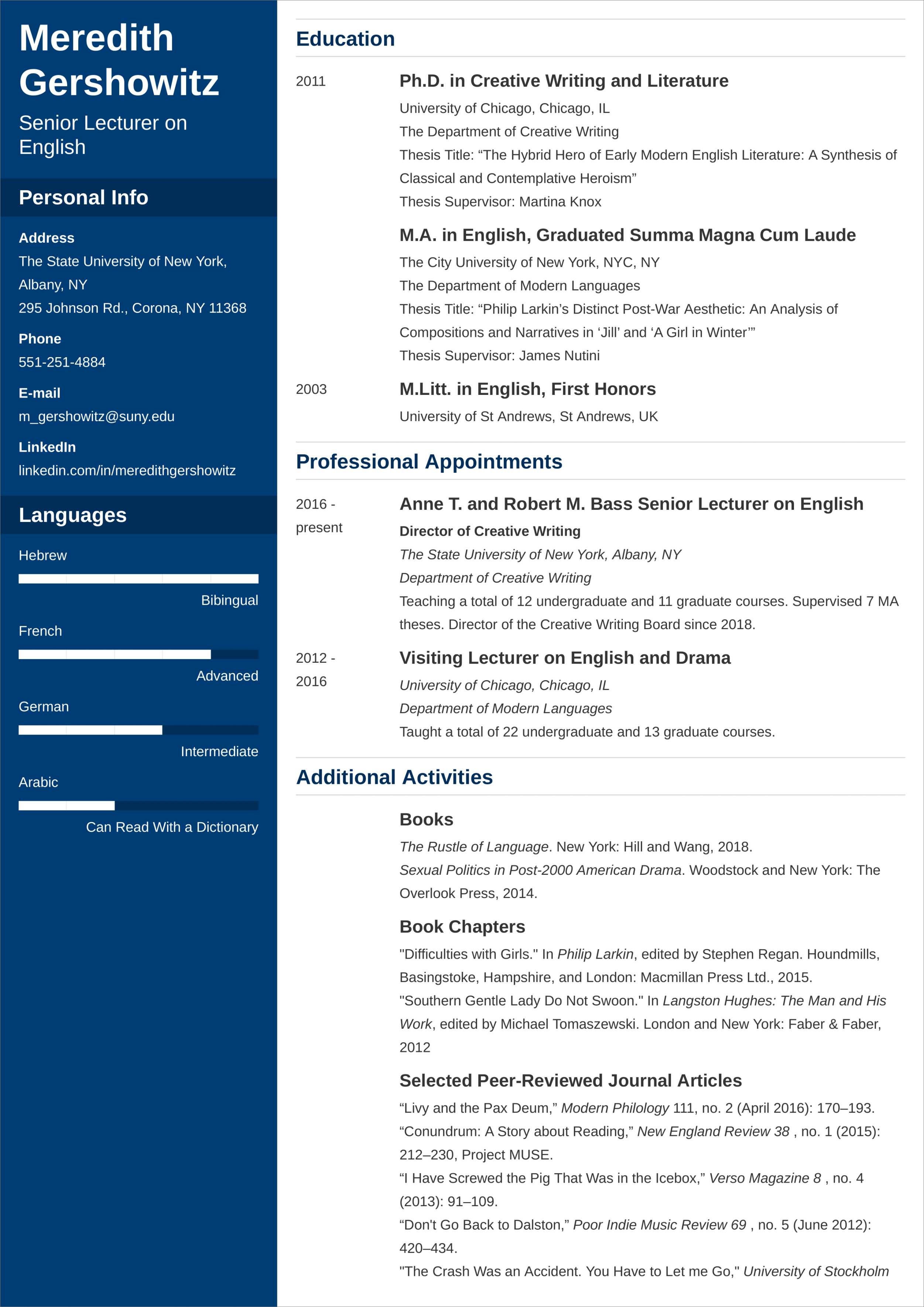 academic cv template format and examples for 0