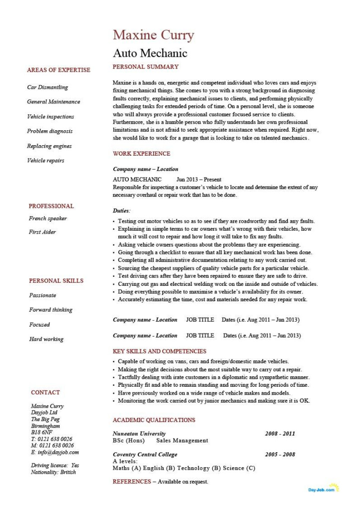 auto mechanic resume template cv example job description