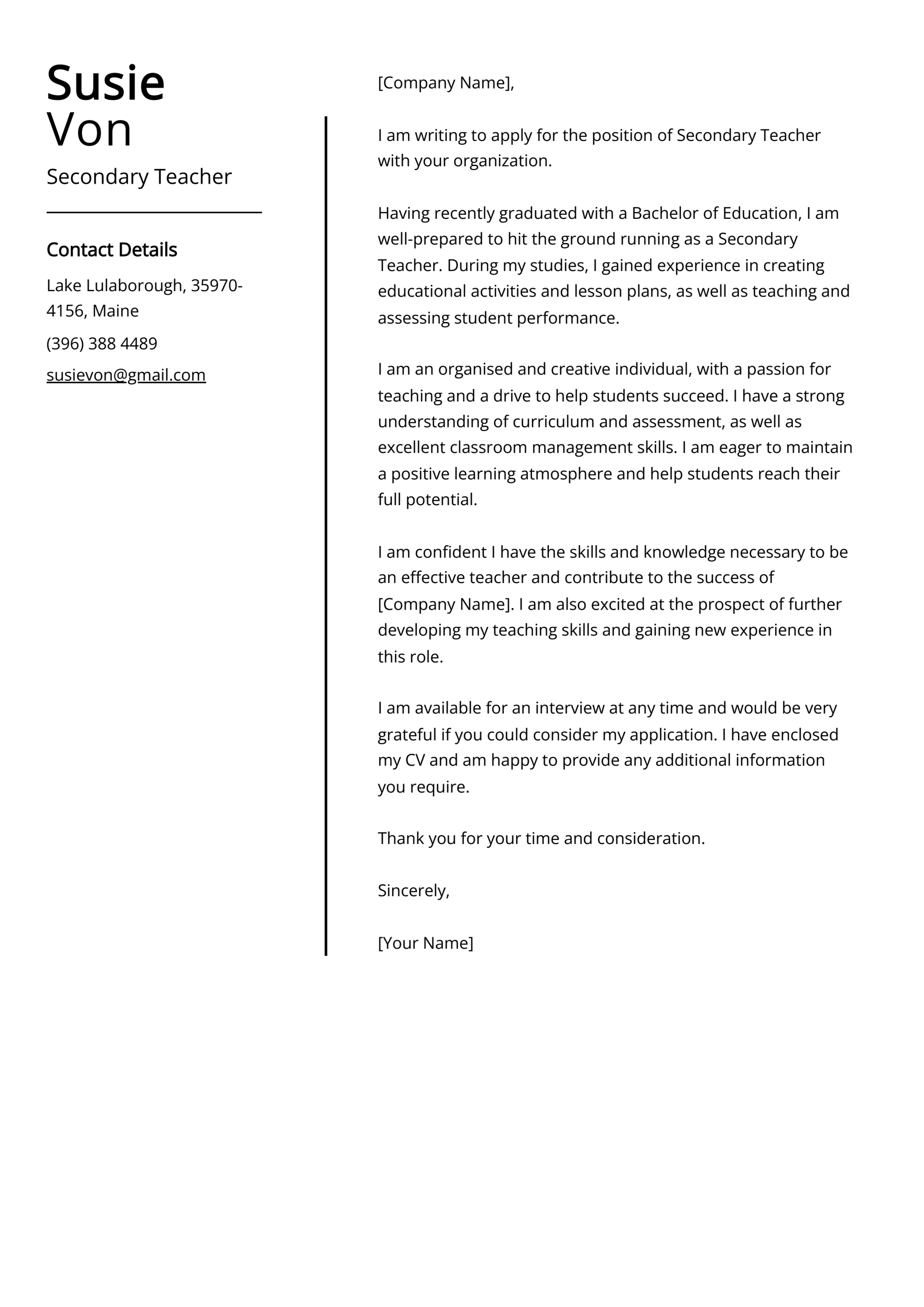 secondary teacher cover letter example free guide